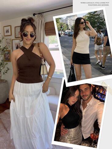 MOHHOM Women's Halter Neck Crossover Sleeveless Ribbed Knit Tank Top Slim Fit Casual Summer Basic Top in Kuwait