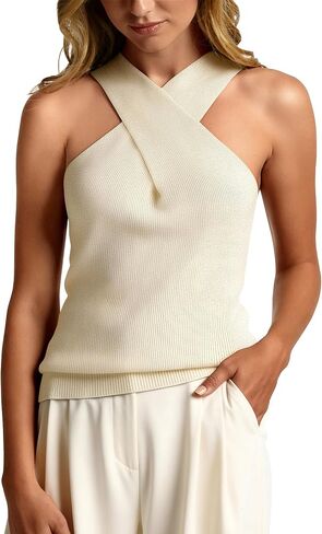 MOHHOM Women's Halter Neck Crossover Sleeveless Ribbed Knit Tank Top Slim Fit Casual Summer Basic Top in Saudi Arabia