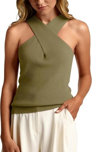 MOHHOM Women's Halter Neck Crossover Sleeveless Ribbed Knit Tank Top Slim Fit Casual Summer Basic Top in Kuwait