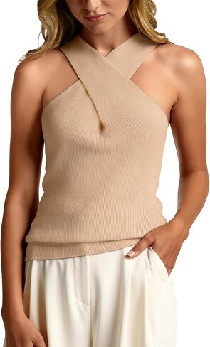 MOHHOM Women's Halter Neck Crossover Sleeveless Ribbed Knit Tank Top Slim Fit Casual Summer Basic Top in Kuwait
