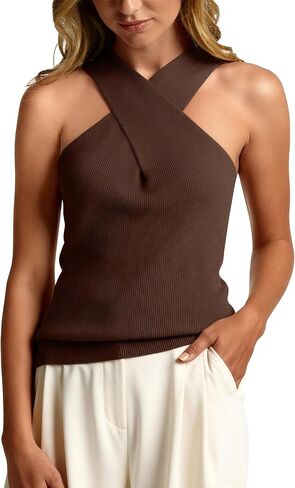 MOHHOM Women's Halter Neck Crossover Sleeveless Ribbed Knit Tank Top Slim Fit Casual Summer Basic Top in Kuwait