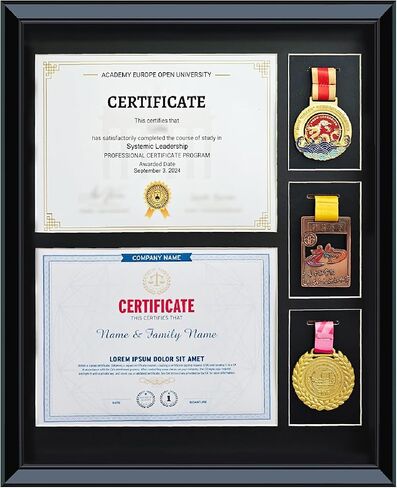 16.93X20.87 Solid Wood Double Diploma Display Frame,Graduate Certificate /Diploma Frame 8.5 x 11, 3 Medal Display Case,Real Glass,Tabletop and Wall Display,Can Hold 2pcs certificates and 3 pcs Medals in Kuwait