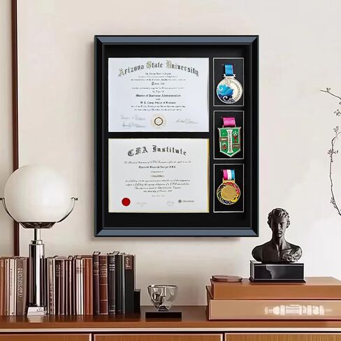 16.93X20.87 Solid Wood Double Diploma Display Frame,Graduate Certificate /Diploma Frame 8.5 x 11, 3 Medal Display Case,Real Glass,Tabletop and Wall Display,Can Hold 2pcs certificates and 3 pcs Medals in Kuwait