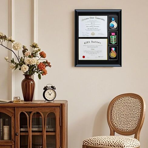 16.93X20.87 Solid Wood Double Diploma Display Frame,Graduate Certificate /Diploma Frame 8.5 x 11, 3 Medal Display Case,Real Glass,Tabletop and Wall Display,Can Hold 2pcs certificates and 3 pcs Medals in Kuwait