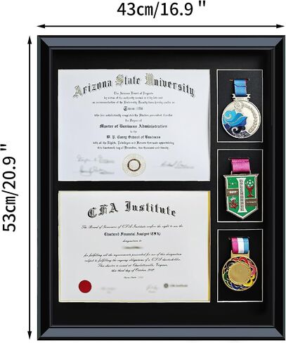16.93X20.87 Solid Wood Double Diploma Display Frame,Graduate Certificate /Diploma Frame 8.5 x 11, 3 Medal Display Case,Real Glass,Tabletop and Wall Display,Can Hold 2pcs certificates and 3 pcs Medals in Kuwait