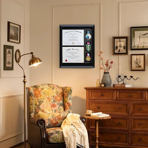 16.93X20.87 Solid Wood Double Diploma Display Frame,Graduate Certificate /Diploma Frame 8.5 x 11, 3 Medal Display Case,Real Glass,Tabletop and Wall Display,Can Hold 2pcs certificates and 3 pcs Medals in Kuwait