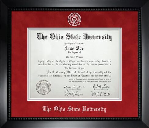 Ohio State University Diploma Frame - Officially Licensed - Matte Black Composite Eco-Friendly Treehugger™ Frame With Blaze Red Suede and Silver Mats. Silver embossed Ohio State University seal and OSU Olde English lettering in Kuwait