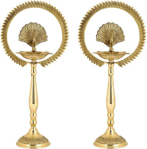 Satvik 2 Pc Set of Brass 12 Inch Peacock Diya with Crown Kerala Samai Diwali Deepak Mahabharat Dia Deepawali Deepam Engraved Inauguration Kuthu Vilakku Indian Housewarming Return Gift Items in Saudi Arabia