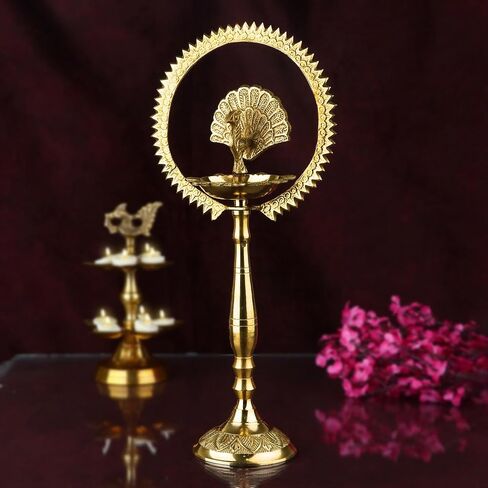 Satvik 2 Pc Set of Brass 12 Inch Peacock Diya with Crown Kerala Samai Diwali Deepak Mahabharat Dia Deepawali Deepam Engraved Inauguration Kuthu Vilakku Indian Housewarming Return Gift Items in Saudi Arabia