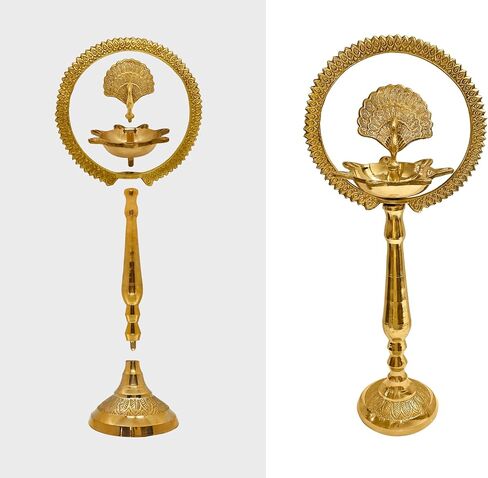 Satvik 2 Pc Set of Brass 12 Inch Peacock Diya with Crown Kerala Samai Diwali Deepak Mahabharat Dia Deepawali Deepam Engraved Inauguration Kuthu Vilakku Indian Housewarming Return Gift Items in Saudi Arabia