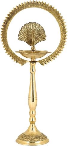 Satvik 2 Pc Set of Brass 12 Inch Peacock Diya with Crown Kerala Samai Diwali Deepak Mahabharat Dia Deepawali Deepam Engraved Inauguration Kuthu Vilakku Indian Housewarming Return Gift Items in Saudi Arabia