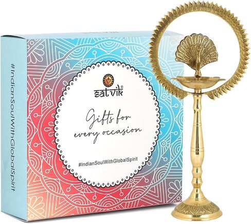 Satvik 2 Pc Set of Brass 12 Inch Peacock Diya with Crown Kerala Samai Diwali Deepak Mahabharat Dia Deepawali Deepam Engraved Inauguration Kuthu Vilakku Indian Housewarming Return Gift Items in Saudi Arabia