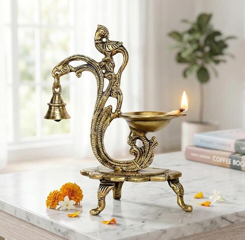 eSplanade - 8" - Peacock Diya with Bell - Lotus Shaped Round Brass Diya | Oil Lamp Deepam | Home Decor | Kuthu Vilakku | Oil Lamps for Home and Office in Kuwait