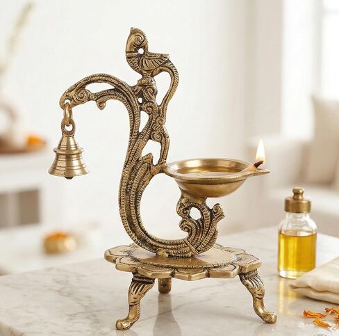 eSplanade - 8" - Peacock Diya with Bell - Lotus Shaped Round Brass Diya | Oil Lamp Deepam | Home Decor | Kuthu Vilakku | Oil Lamps for Home and Office in Kuwait