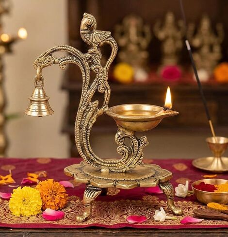 eSplanade - 8" - Peacock Diya with Bell - Lotus Shaped Round Brass Diya | Oil Lamp Deepam | Home Decor | Kuthu Vilakku | Oil Lamps for Home and Office in Kuwait