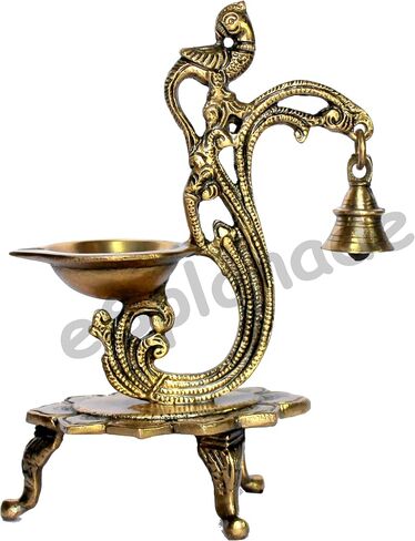 eSplanade - 8" - Peacock Diya with Bell - Lotus Shaped Round Brass Diya | Oil Lamp Deepam | Home Decor | Kuthu Vilakku | Oil Lamps for Home and Office in Kuwait