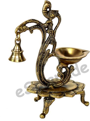 eSplanade - 8" - Peacock Diya with Bell - Lotus Shaped Round Brass Diya | Oil Lamp Deepam | Home Decor | Kuthu Vilakku | Oil Lamps for Home and Office in Kuwait