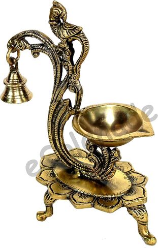 eSplanade - 8" - Peacock Diya with Bell - Lotus Shaped Round Brass Diya | Oil Lamp Deepam | Home Decor | Kuthu Vilakku | Oil Lamps for Home and Office in Kuwait