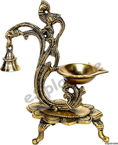 eSplanade - 8" - Peacock Diya with Bell - Lotus Shaped Round Brass Diya | Oil Lamp Deepam | Home Decor | Kuthu Vilakku | Oil Lamps for Home and Office in Kuwait