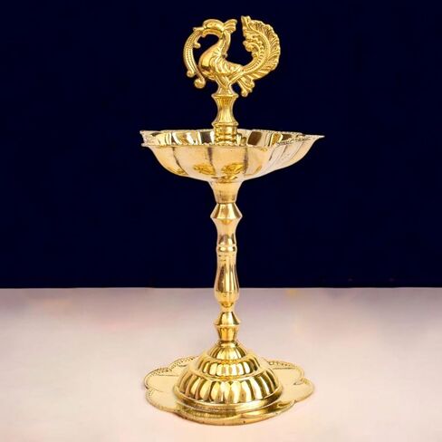 SATVIK 6.5 - 7 INCH Peacock Kerala Flower Stand Brass Diya for Home Décor & Puja | Traditional Indian Oil Lamp | Antique Finish | Festive Decoration & Gift l Diwali Poojan l Deepam Gifts in Kuwait