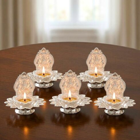 LoveNspire Lakshmi Silver Plated Diya Kamakshi Deepam Kamatchi Vilakku Samai Laksahmi Oil Lamp Diwali Decoration Hindu Puja Religious Home Decor Pooja Housewarming Wedding Return Gift 5 PC (3.5 Inch) in Kuwait