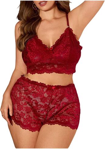 SHENHE Women's Plus Size Sexy Sheer Floral Lace Lingerie Set 2 Piece Cami Shorts Nightwear in Kuwait