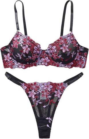 Sexy V-Neck Lingerie For Women Underwire Lingerie Set Sheer Push Up Foral Embroidery 3/4 Cup Bra And Panty Set in Saudi Arabia