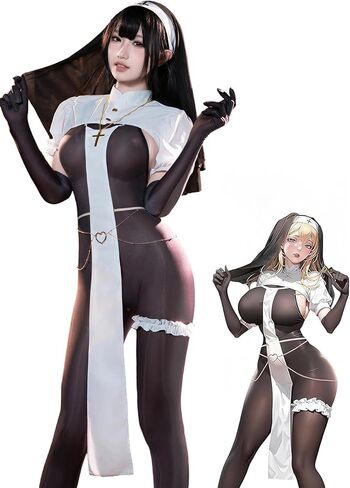 Sexy Nun Lingerie Set – 9-Piece Bodysuit with Veil, Necklace, Off-Shoulder Top, Open-Crotch Design, Waist Chain, Leg Rings & Gloves, One Size Fits Up to S-M, Please Refer to Size Chart in Kuwait