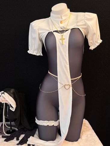 Sexy Nun Lingerie Set – 9-Piece Bodysuit with Veil, Necklace, Off-Shoulder Top, Open-Crotch Design, Waist Chain, Leg Rings & Gloves, One Size Fits Up to S-M, Please Refer to Size Chart in Kuwait