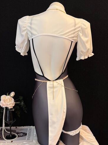 Sexy Nun Lingerie Set – 9-Piece Bodysuit with Veil, Necklace, Off-Shoulder Top, Open-Crotch Design, Waist Chain, Leg Rings & Gloves, One Size Fits Up to S-M, Please Refer to Size Chart in Kuwait