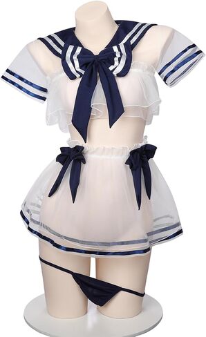 Sexy Sheer JK Uniform Lingerie Set, Transparent Sailor Outfit, Cute & Playful, One Size Fits US S-M, Perfect for Intimate Nights, Please Refer to Size Chart in Kuwait