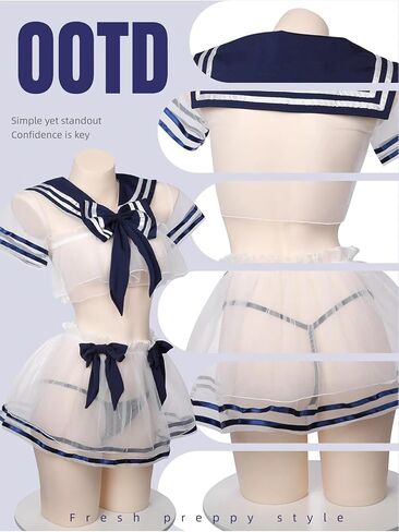 Sexy Sheer JK Uniform Lingerie Set, Transparent Sailor Outfit, Cute & Playful, One Size Fits US S-M, Perfect for Intimate Nights, Please Refer to Size Chart in Kuwait