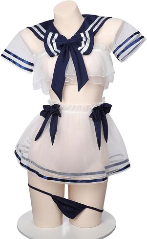 Sexy Sheer JK Uniform Lingerie Set, Transparent Sailor Outfit, Cute & Playful, One Size Fits US S-M, Perfect for Intimate Nights, Please Refer to Size Chart in Kuwait