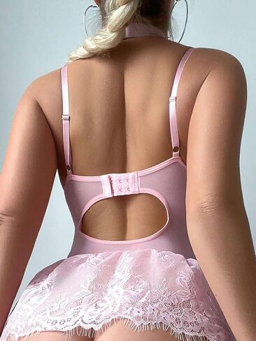 Sexy Lingerie Set for Women,Sheer Mesh Babydoll Floral Lace Underwire Teddy Bodysuit Skirt with Garter Straps in Kuwait