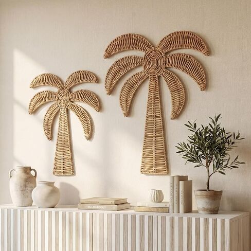 Cinnvoice 2 Pcs Summer Rattan Palm Tree Wall Decor Coastal Tropical Beach Wall Hanging Decorations for Boho Living Room Bathroom Bedroom Patio Party Decorations (17.7'' and 14'') in Kuwait
