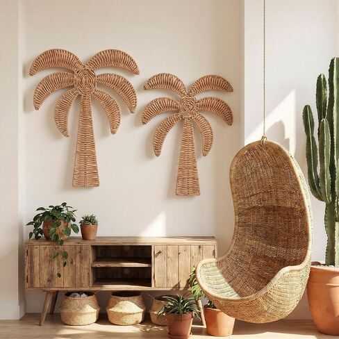 Cinnvoice 2 Pcs Summer Rattan Palm Tree Wall Decor Coastal Tropical Beach Wall Hanging Decorations for Boho Living Room Bathroom Bedroom Patio Party Decorations (17.7'' and 14'') in Kuwait