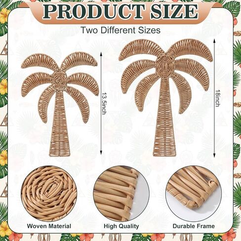 Cinnvoice 2 Pcs Summer Rattan Palm Tree Wall Decor Coastal Tropical Beach Wall Hanging Decorations for Boho Living Room Bathroom Bedroom Patio Party Decorations (17.7'' and 14'') in Kuwait