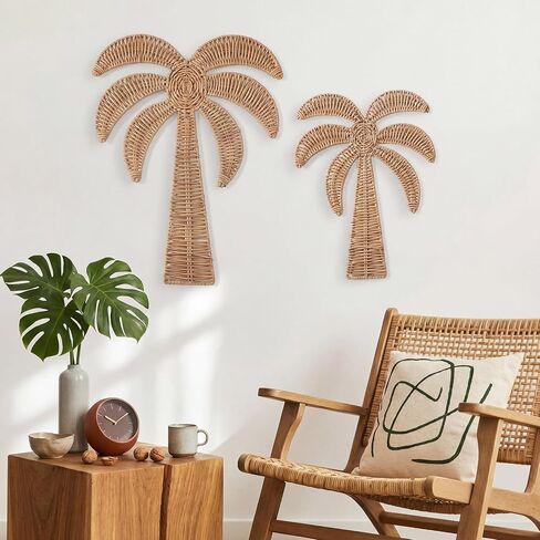 Cinnvoice 2 Pcs Summer Rattan Palm Tree Wall Decor Coastal Tropical Beach Wall Hanging Decorations for Boho Living Room Bathroom Bedroom Patio Party Decorations (17.7'' and 14'') in Kuwait