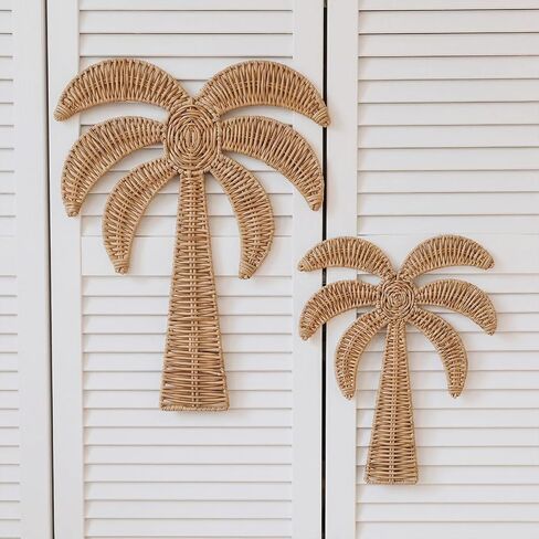 Cinnvoice 2 Pcs Summer Rattan Palm Tree Wall Decor Coastal Tropical Beach Wall Hanging Decorations for Boho Living Room Bathroom Bedroom Patio Party Decorations (17.7'' and 14'') in Kuwait