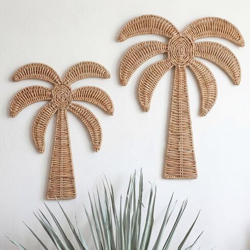 Cinnvoice 2 Pcs Summer Rattan Palm Tree Wall Decor Coastal Tropical Beach Wall Hanging Decorations for Boho Living Room Bathroom Bedroom Patio Party Decorations (17.7'' and 14'') in Kuwait