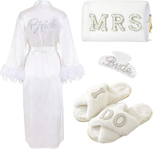 Bridal Shower Gifts Bride To Be Gift Set Bride Feather Robe Tote Bag I Do Slippers Cosmetic Bag for Wedding Day in Kuwait
