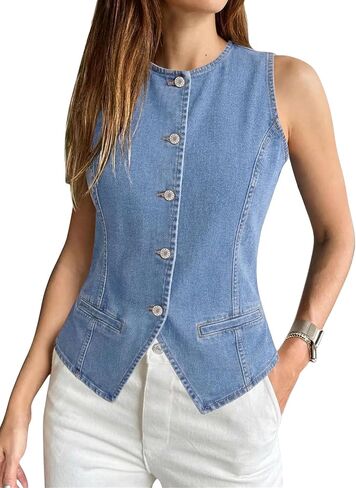 SANMM Denim Vest Women Summer Sleeveless Strechy Western Button Down Jean Vest Top in Saudi Arabia