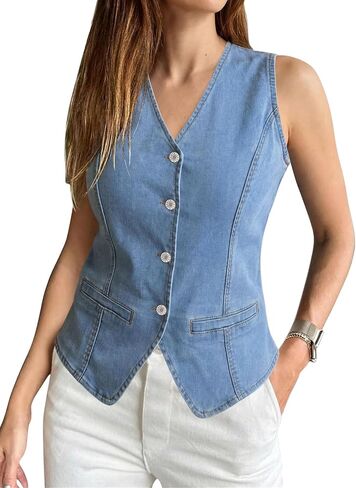 SANMM Denim Vest Women Summer Sleeveless Strechy Western Button Down Jean Vest Top in Saudi Arabia