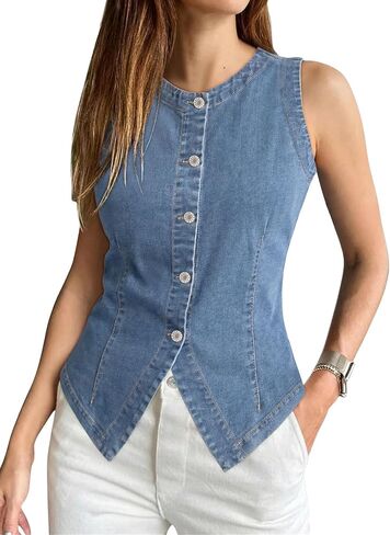SANMM Denim Vest Women Summer Sleeveless Strechy Western Button Down Jean Vest Top in Saudi Arabia
