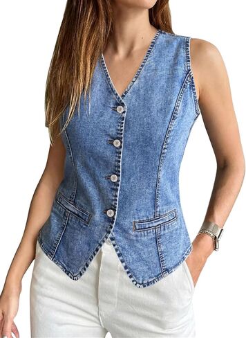 SANMM Denim Vest Women Summer Sleeveless Strechy Western Button Down Jean Vest Top in Saudi Arabia