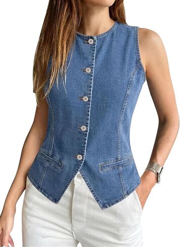 SANMM Denim Vest Women Summer Sleeveless Strechy Western Button Down Jean Vest Top in Saudi Arabia