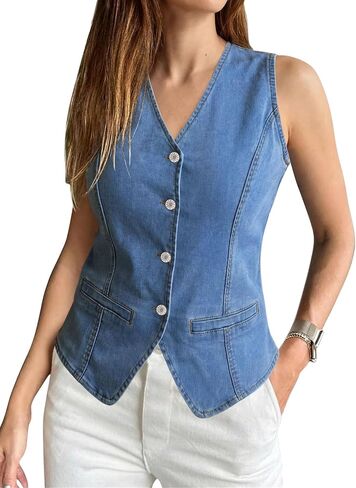 SANMM Denim Vest Women Summer Sleeveless Strechy Western Button Down Jean Vest Top in Saudi Arabia
