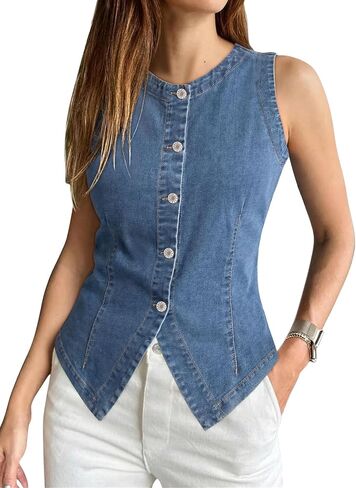 SANMM Denim Vest Women Summer Sleeveless Strechy Western Button Down Jean Vest Top in Saudi Arabia
