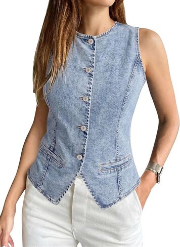 SANMM Denim Vest Women Summer Sleeveless Strechy Western Button Down Jean Vest Top in Saudi Arabia