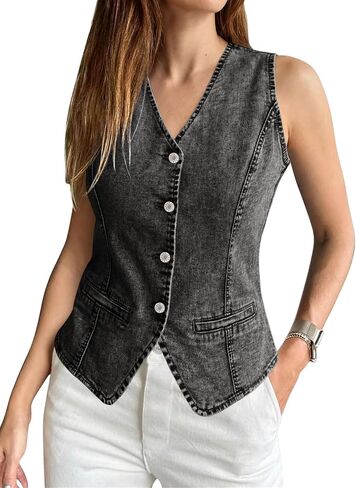 SANMM Denim Vest Women Summer Sleeveless Strechy Western Button Down Jean Vest Top in Saudi Arabia
